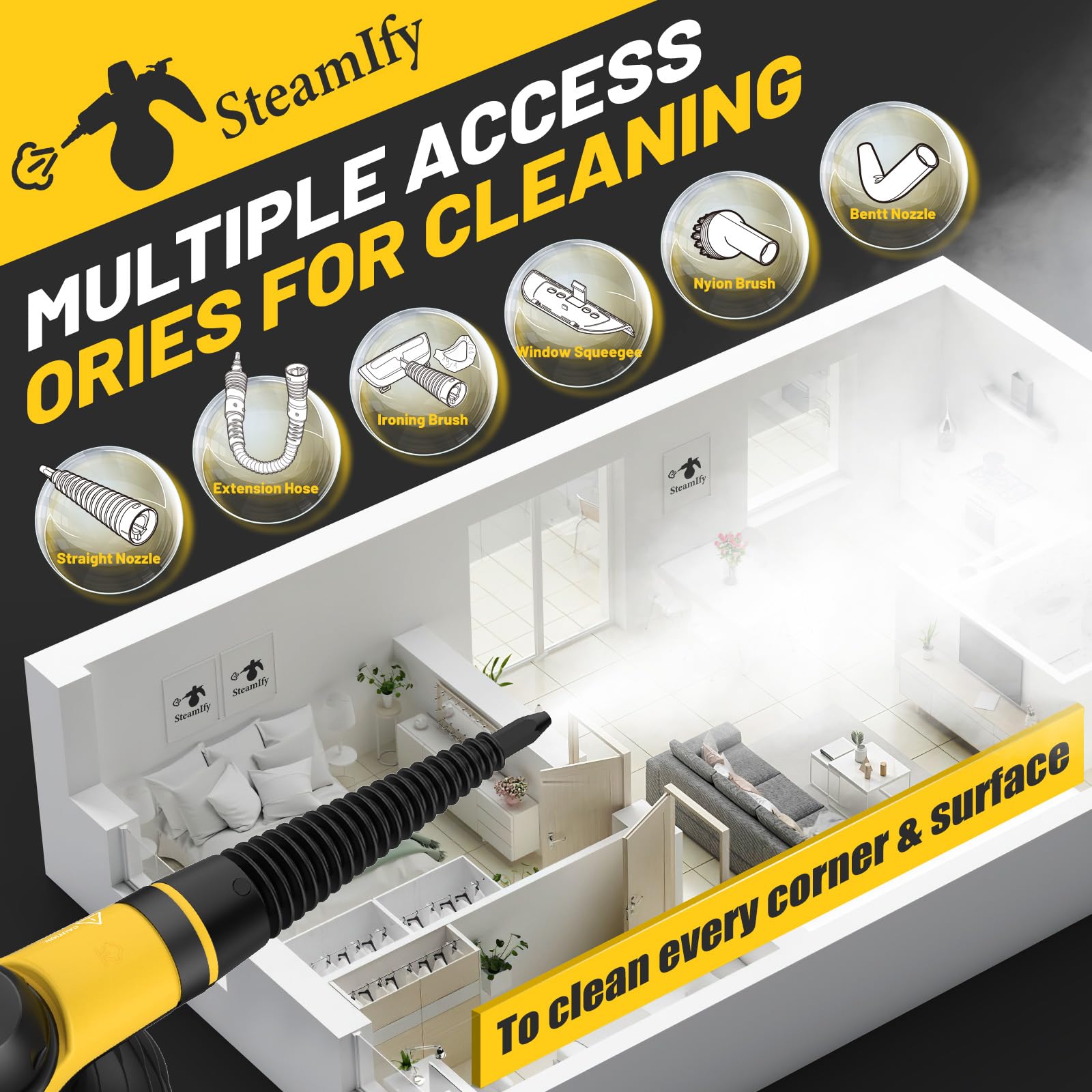 Steamify Pressurized Handheld Steam Cleaner With 10Pcs Accessories & Safety Lock, Multi Purpose & Powerful Home Use Steamer For